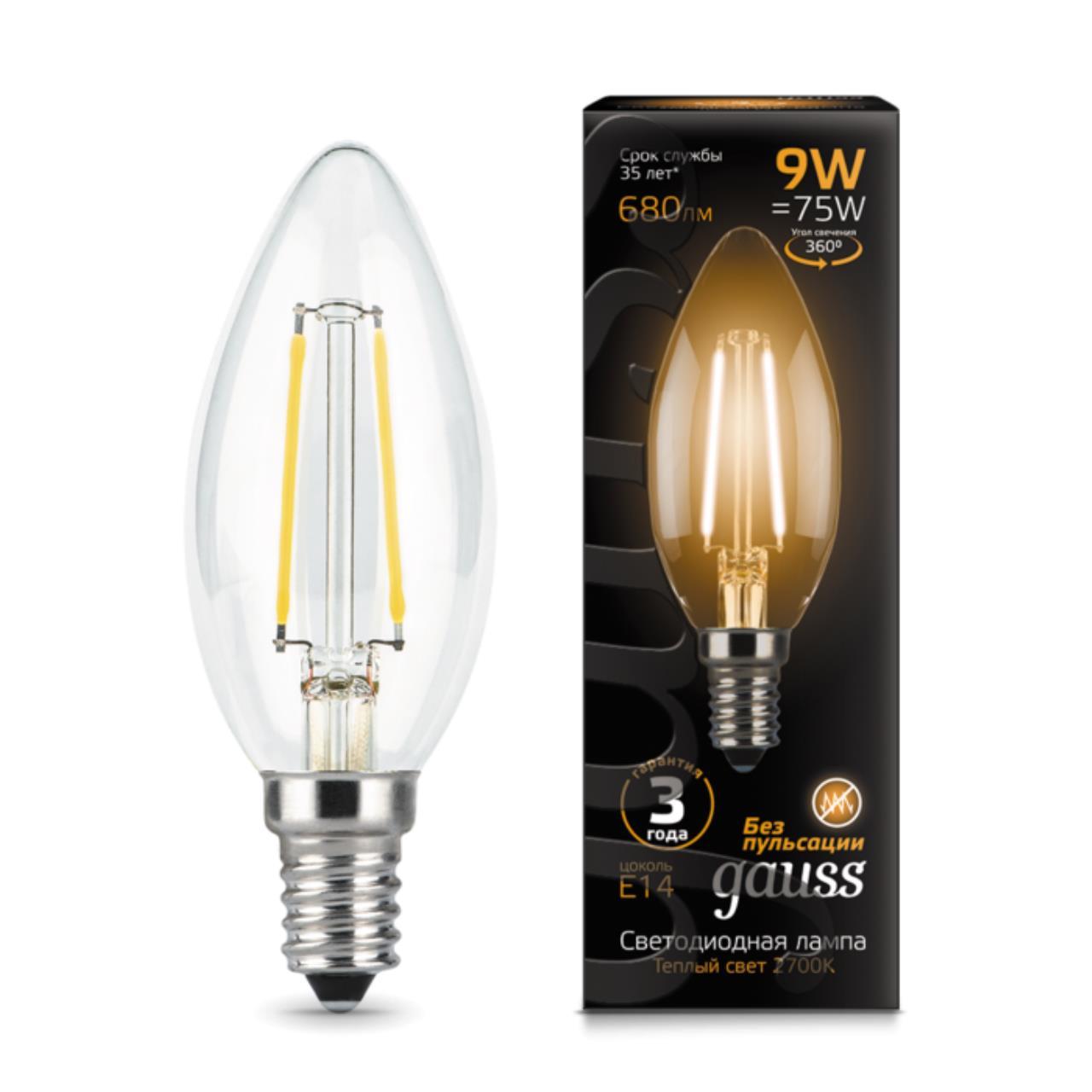 103801109 Лампа Gauss LED Filament Свеча E14 9W 680lm 2700К 1/10/50