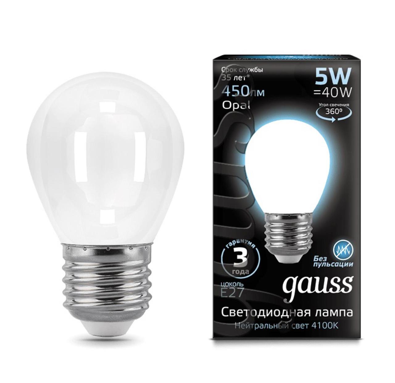 105202205 Лампа Gauss LED Filament Шар OPAL E27 5W 450lm 4100K 1/10/50