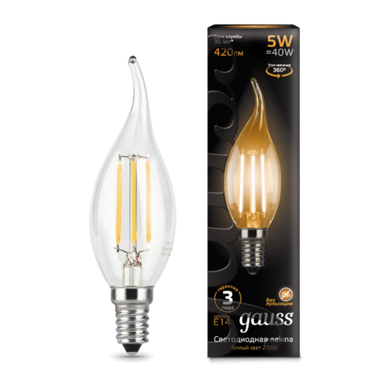 104801105 Лампа Gauss LED Filament Свеча на ветру E14 5W 420lm 2700K 1/10/50