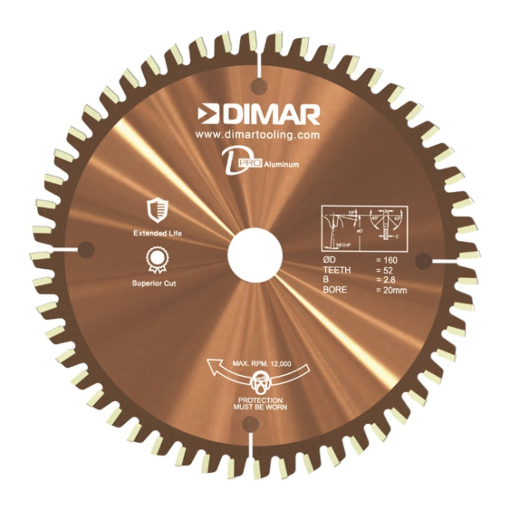 Пила Dimar 90215353 D160x20x2,8 Z52 для алюминиевых профилей, искусственного камня и акрила