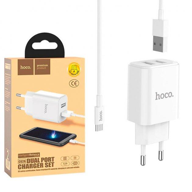 Сетевое зарядное устройство Hoco C62A, 2 USB + кабель microUsb