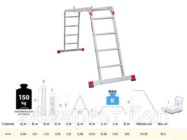 Лестница алюм. многофункц. трансформер 4х4 ступ., шир. 400 мм, 15,3кг NV3320 Новая высота (Максимальная, фото 2