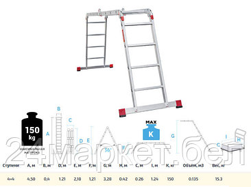 Лестница алюм. многофункц. трансформер 4х4 ступ., шир. 400 мм, 15,3кг NV3320 Новая высота (Максимальная