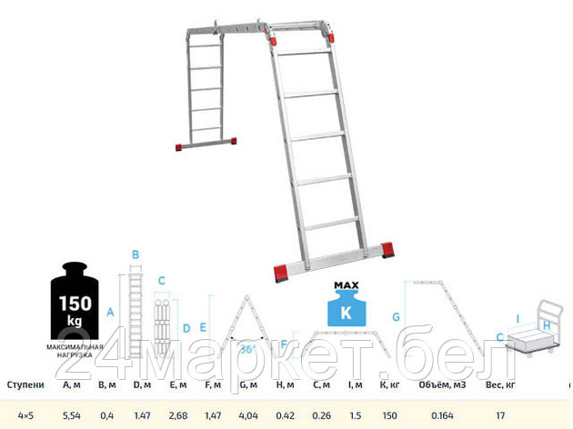 Лестница алюм. многофункц. трансформер 4х5 ступ., шир. 400 мм, 17кг NV3320 Новая высота (Максимальная нагрузка, фото 2