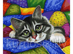 Картина для раскрашивания по номерам на холсте "Котик в лоскутках"