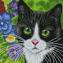 Алмазная мозаика на подрамнике "Кот в анютиных глазках" 30х30 см