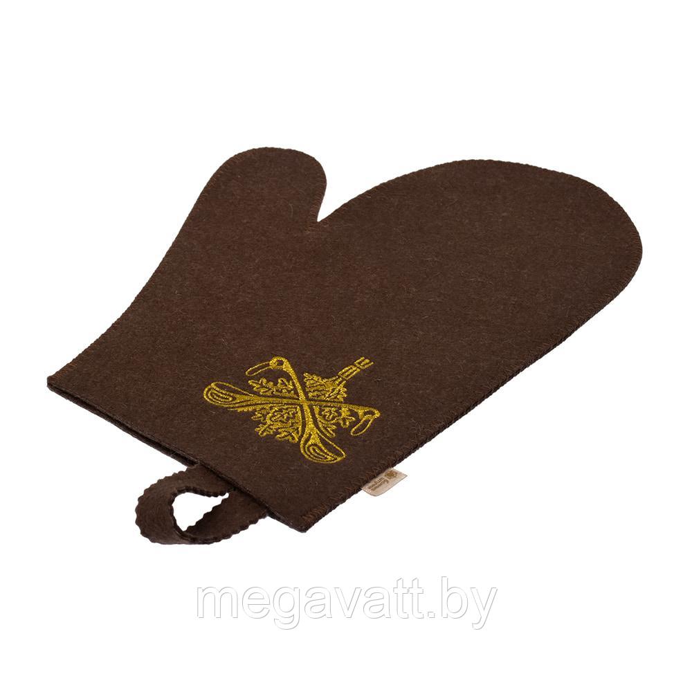 Рукавица коричневая с вышитым логотипом Банные Штучки (войлок) - фото 2 - id-p165992519
