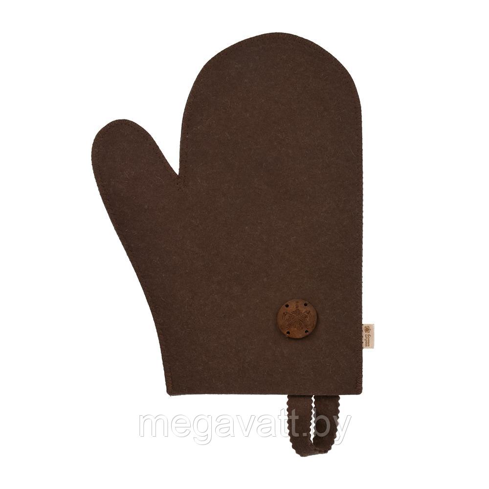 Рукавица коричневая с деревянным логотипом Банные Штучки (войлок) - фото 1 - id-p165992520