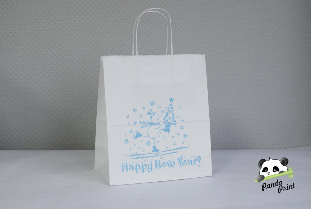 Крафт-пакет с кр. ручкой 220х120х250 Happy New Year, снеговик голубой на белом