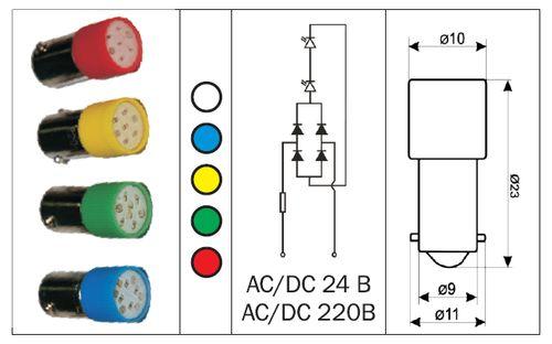 Светосигнальная лампа BA9S 220V AC/DC красная, желтая, зеленая, белая - фото 2 - id-p166329561