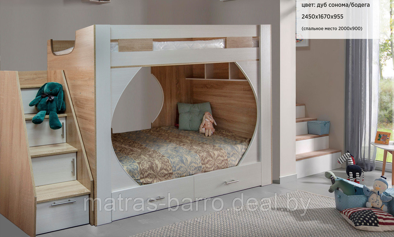 Двухъярусная кровать Крепыш-4 в цвете дуб сонома/белый. Большой выбор декоров ДСП