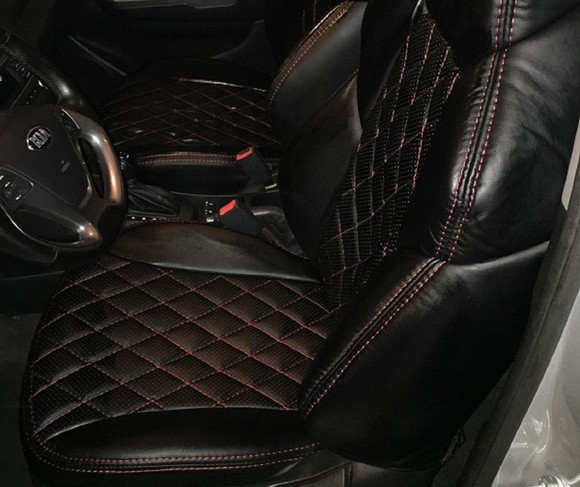 Чехлы на сидения Dinas Drive черные, РОМБ, красная нить - фото 1 - id-p166408516