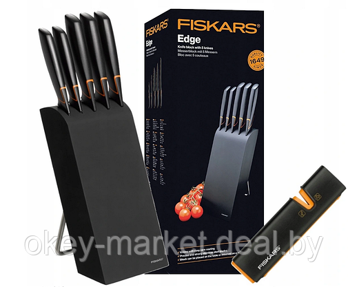 Набор ножей 5 шт. с деревянным черным блоком Edge Fiskars + точилка, фото 2