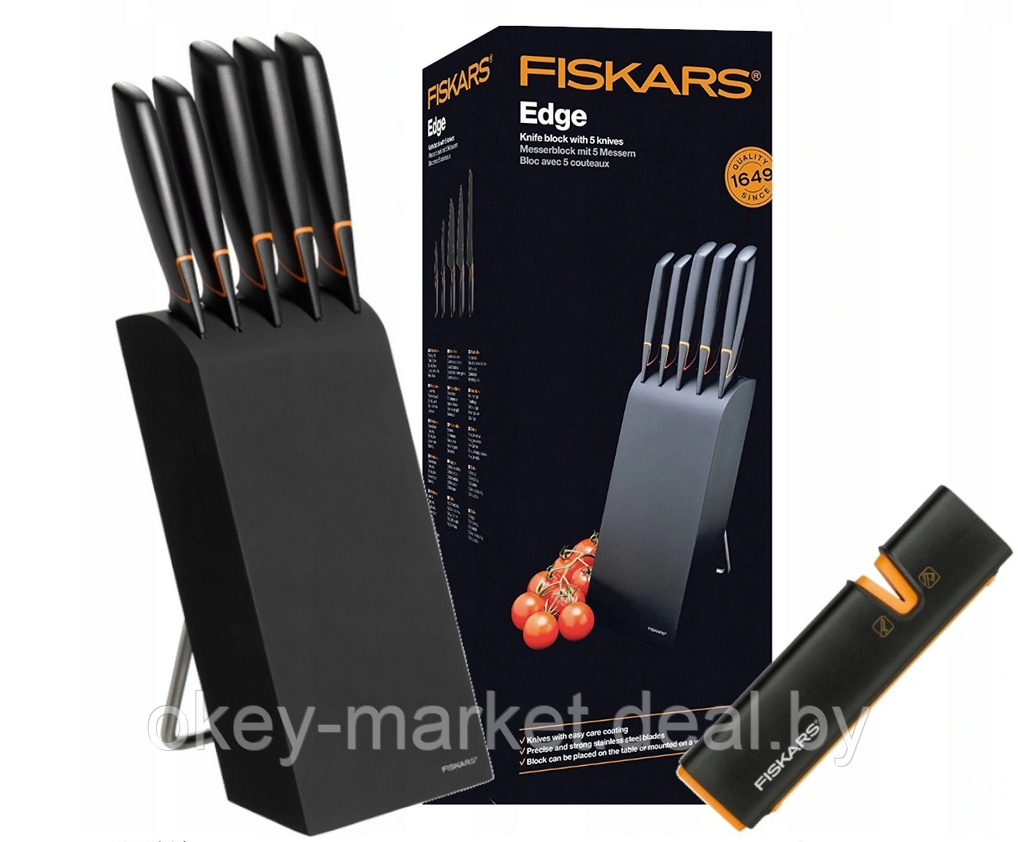 Набор ножей 5 шт. с деревянным черным блоком Edge Fiskars + точилка - фото 2 - id-p59216372