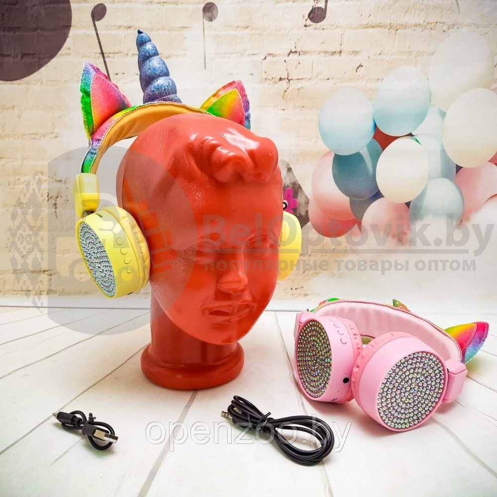 Беспроводные детские Bluetooth наушники ушки Единорог Headphone AH-807 Желтые - фото 3 - id-p166554354