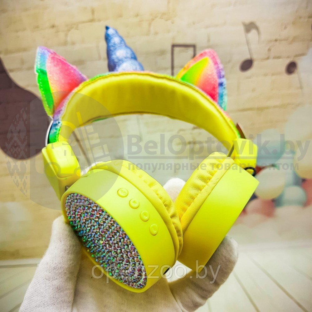 Беспроводные детские Bluetooth наушники ушки Единорог Headphone AH-807 Желтые - фото 5 - id-p166554354