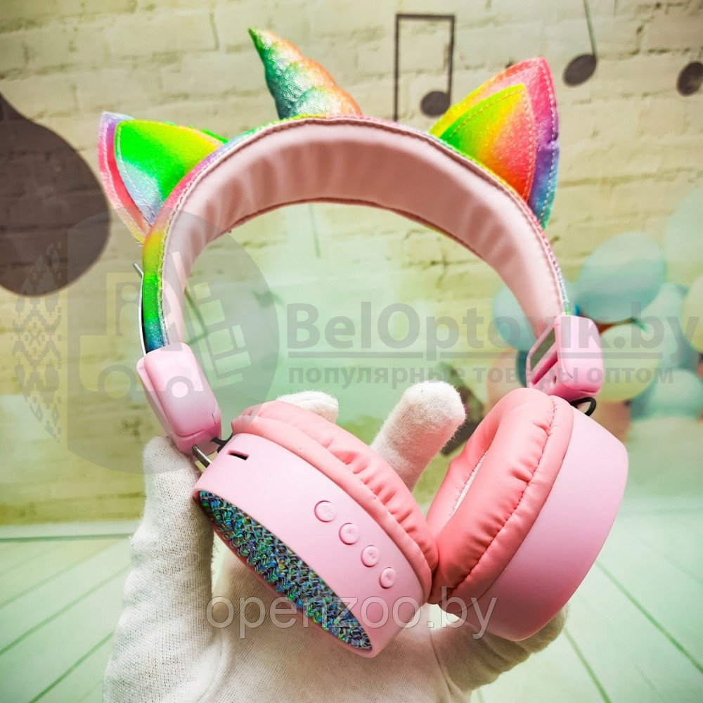 Беспроводные детские Bluetooth наушники ушки Единорог Headphone AH-807 Розовые - фото 4 - id-p166554356