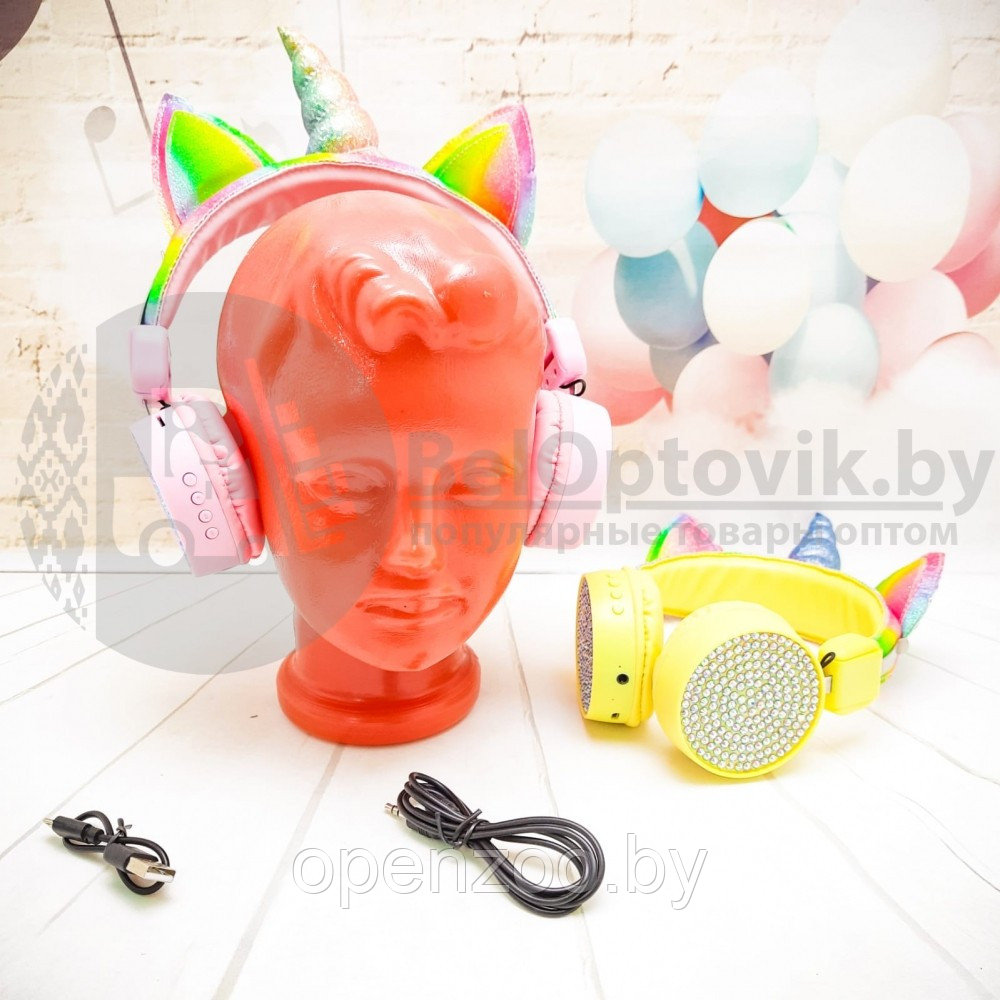 Беспроводные детские Bluetooth наушники ушки Единорог Headphone AH-807 Розовые - фото 9 - id-p166554356