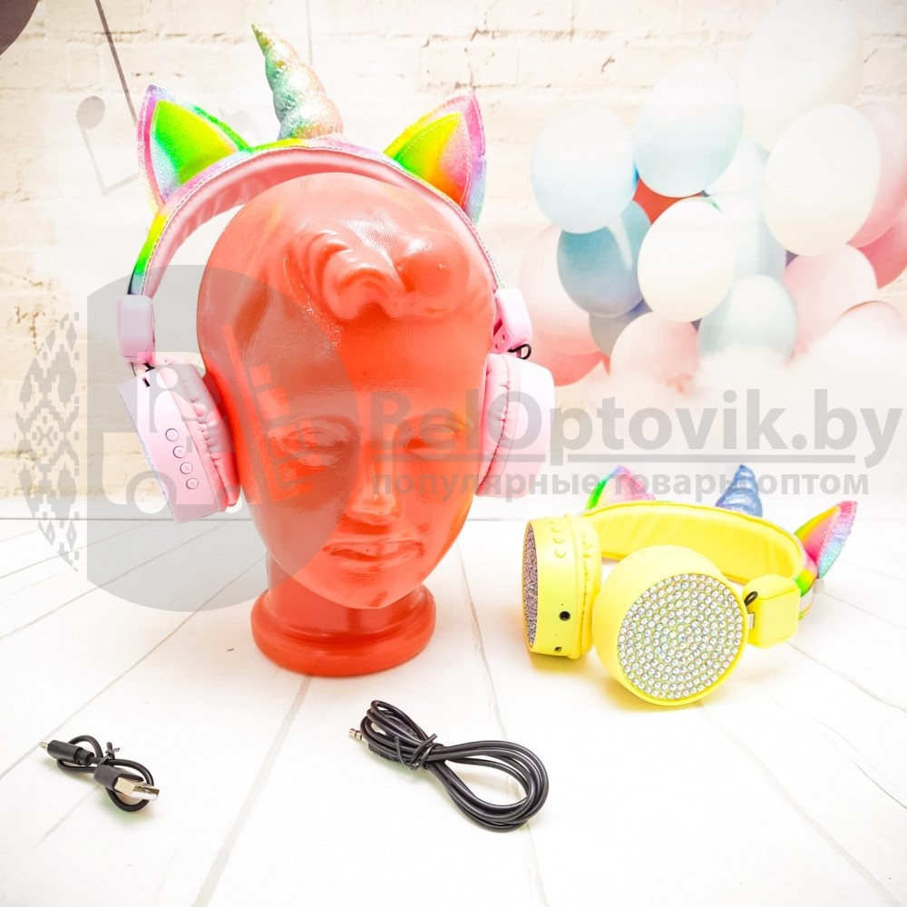 Беспроводные детские Bluetooth наушники ушки Единорог Headphone AH-807 Желтые - фото 9 - id-p166554642
