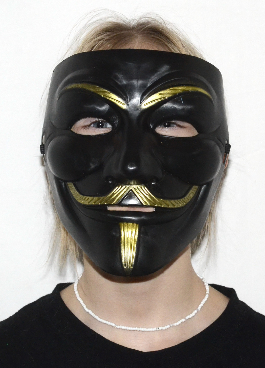 Маска карнавальная "Анонимус" (Гай Фокс) черная с золотом - фото 2 - id-p166601427