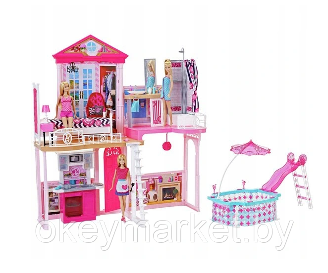 Домик для Барби с 4 комнатами и бассейном + 3 куклы Barbie Dreamhouse Mattel, фото 2