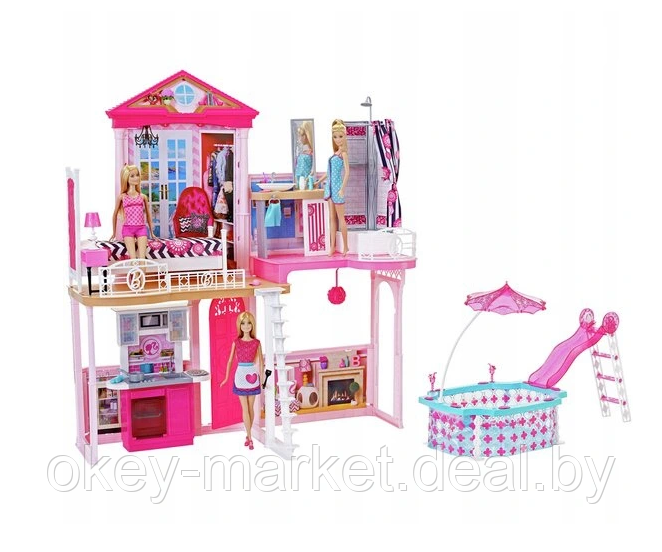 Домик для Барби с 4 комнатами и бассейном + 3 куклы Barbie Dreamhouse Mattel - фото 1 - id-p166641213