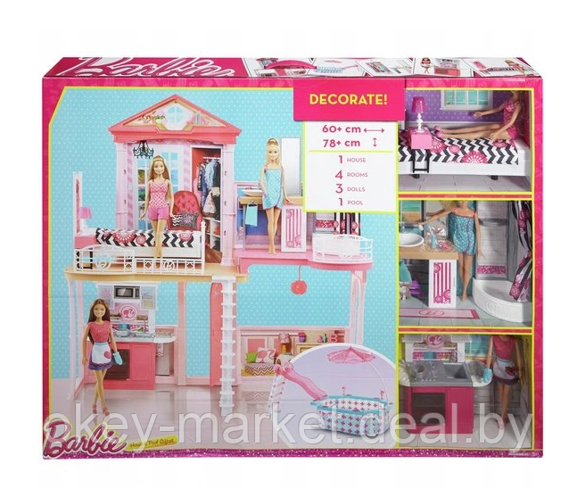 Домик для Барби с 4 комнатами и бассейном + 3 куклы Barbie Dreamhouse Mattel - фото 10 - id-p166641213