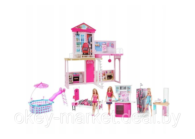 Домик для Барби с 4 комнатами и бассейном + 3 куклы Barbie Dreamhouse Mattel - фото 3 - id-p166641213