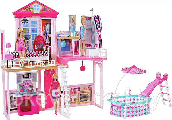 Домик для Барби с 4 комнатами и бассейном + 3 куклы Barbie Dreamhouse Mattel, фото 2