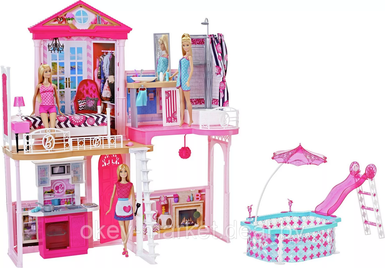 Домик для Барби с 4 комнатами и бассейном + 3 куклы Barbie Dreamhouse Mattel - фото 4 - id-p166641213