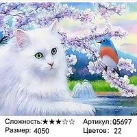 Живопись по номерам Белая кошка и птичка (Q5697)