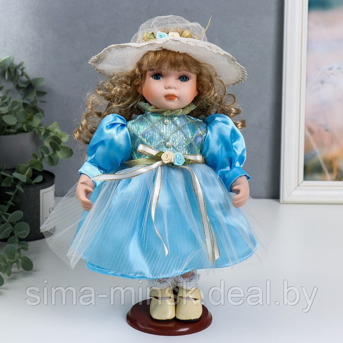 Кукла коллекционная керамика "Наташа в нежно-голубом платье в шляпке" 30 см - фото 1 - id-p166712720