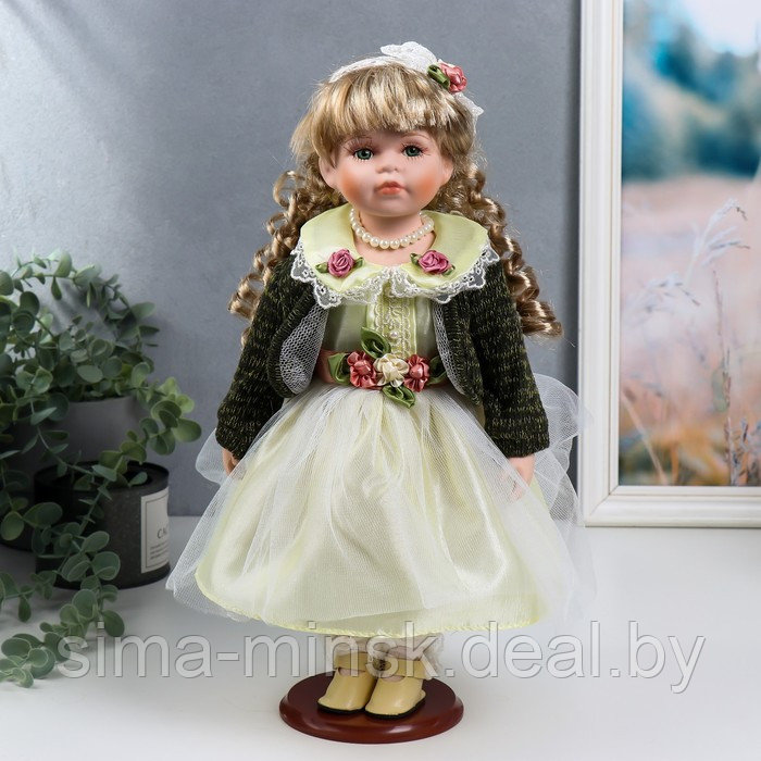 Кукла коллекционная керамика "Катенька в зеленоватом платье и зелёном кардигане" 40 см - фото 1 - id-p166712774