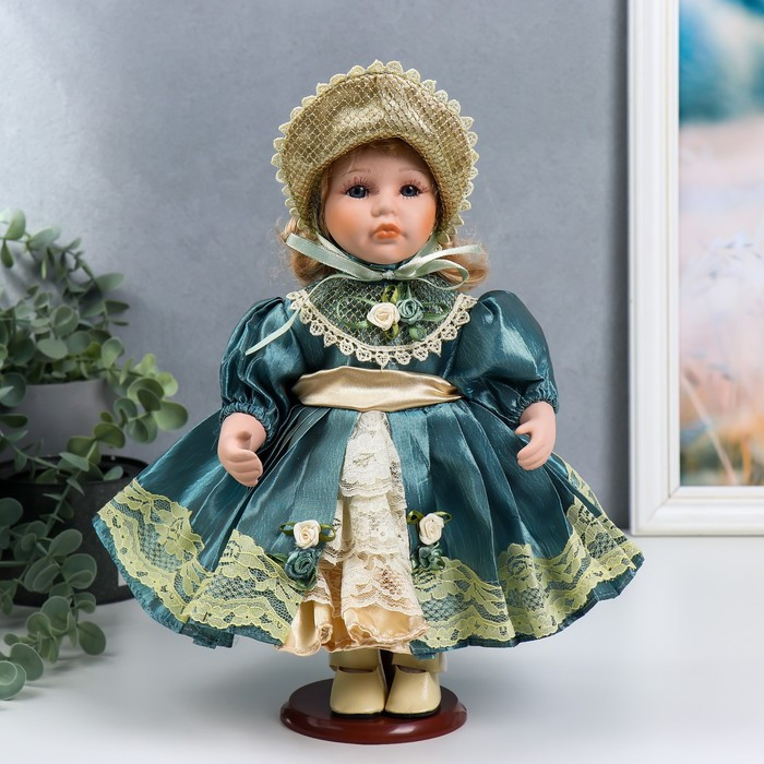 Кукла коллекционная керамика "Танечка в платье цвета морской волны и чепчике" 30 см - фото 1 - id-p166715680
