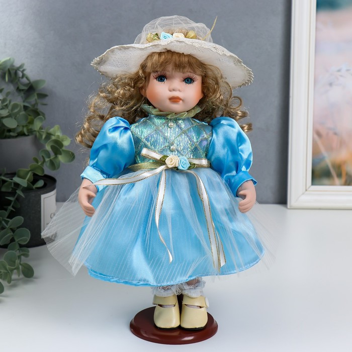 Кукла коллекционная керамика "Наташа в нежно-голубом платье в шляпке" 30 см - фото 1 - id-p166715681