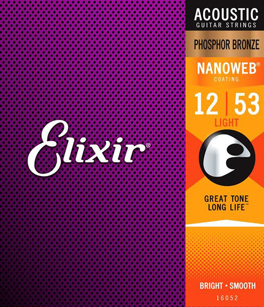 Elixir 16052 NANOWEB Комплект струн для акустической гитары, Light, фосфорная бронза, 12-53