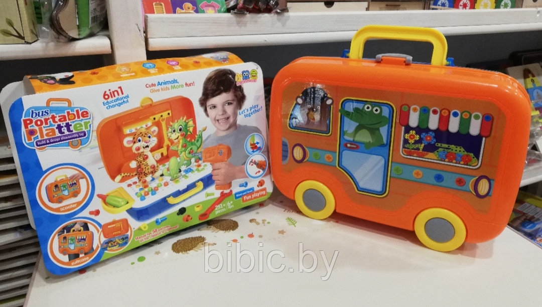 Детский конструктор-мозаика Bus Gear Platter автобус с шуруповертом и животными, детская развивающая игрушка - фото 2 - id-p166856571