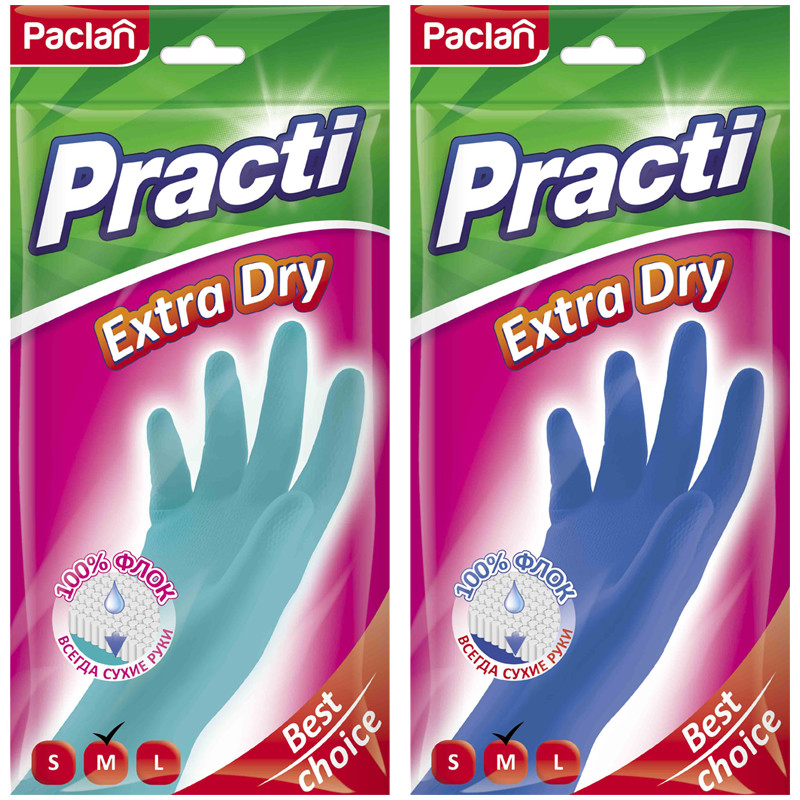 Перчатки хозяйственные латексные Paclan "Practi Extra Dry", р.М, цвет микс, пакет с европодвесом 407340