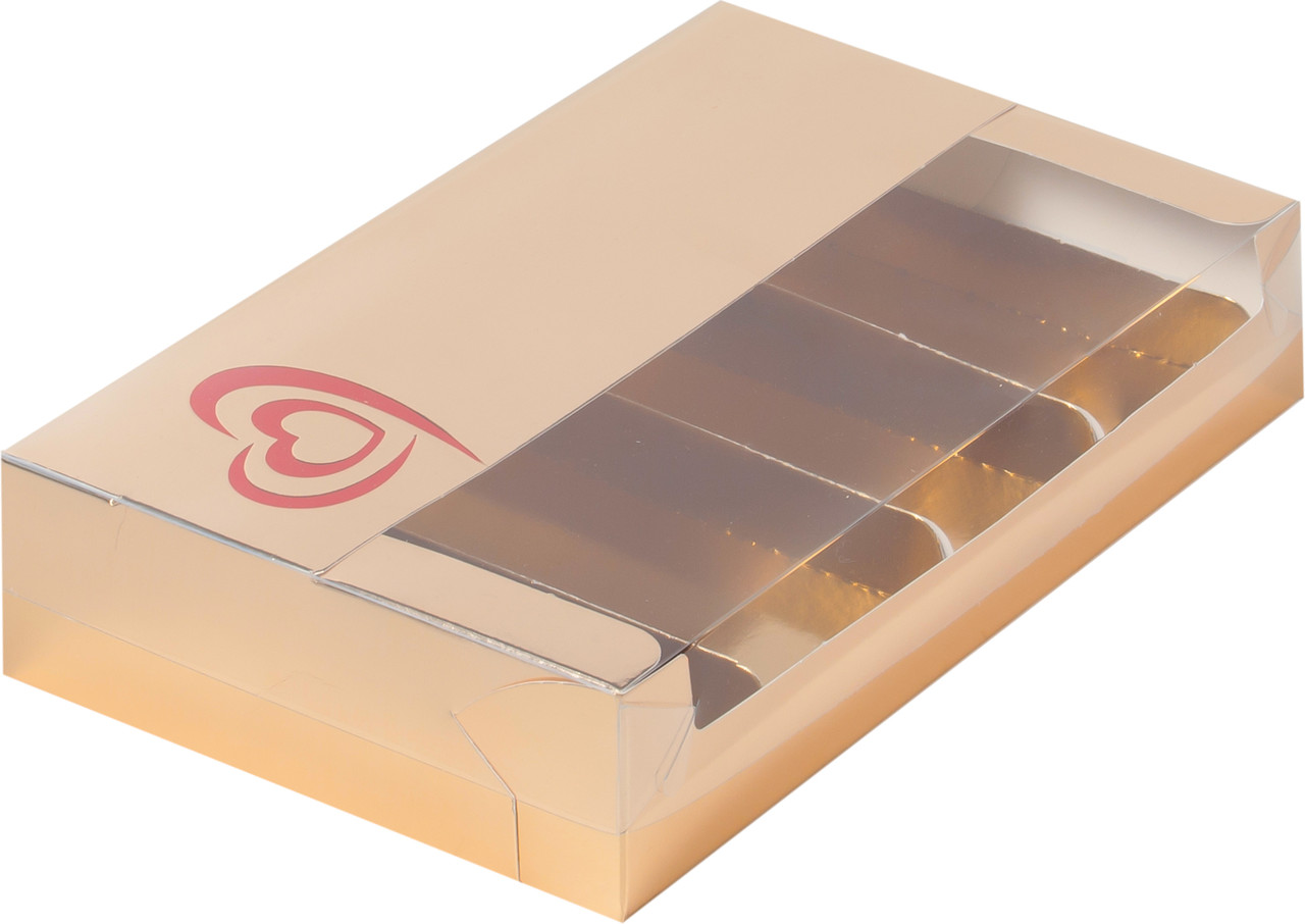 Коробка для эклеров и эскимо с окном, Золотая с сердечком, 250х150х h50 мм - фото 1 - id-p166930835