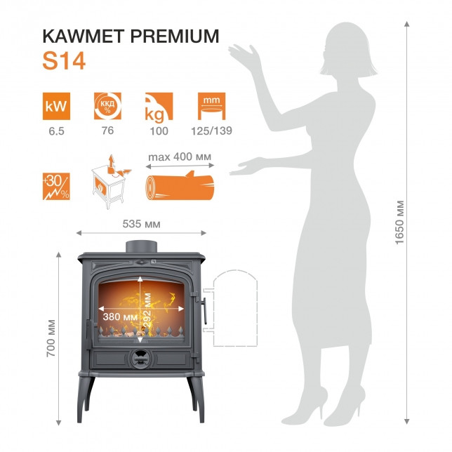Печь-камин KAW-MET Premium Selena S14 6.5 kW - фото 10 - id-p166946729
