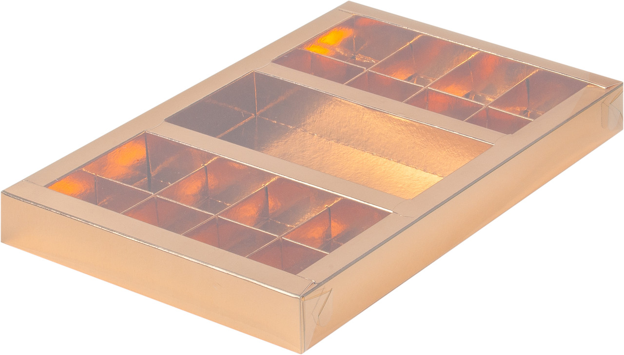 Коробка для 16 конфет и шоколадной плитки с окном Золотая, 300х195х h30 мм - фото 1 - id-p167020328