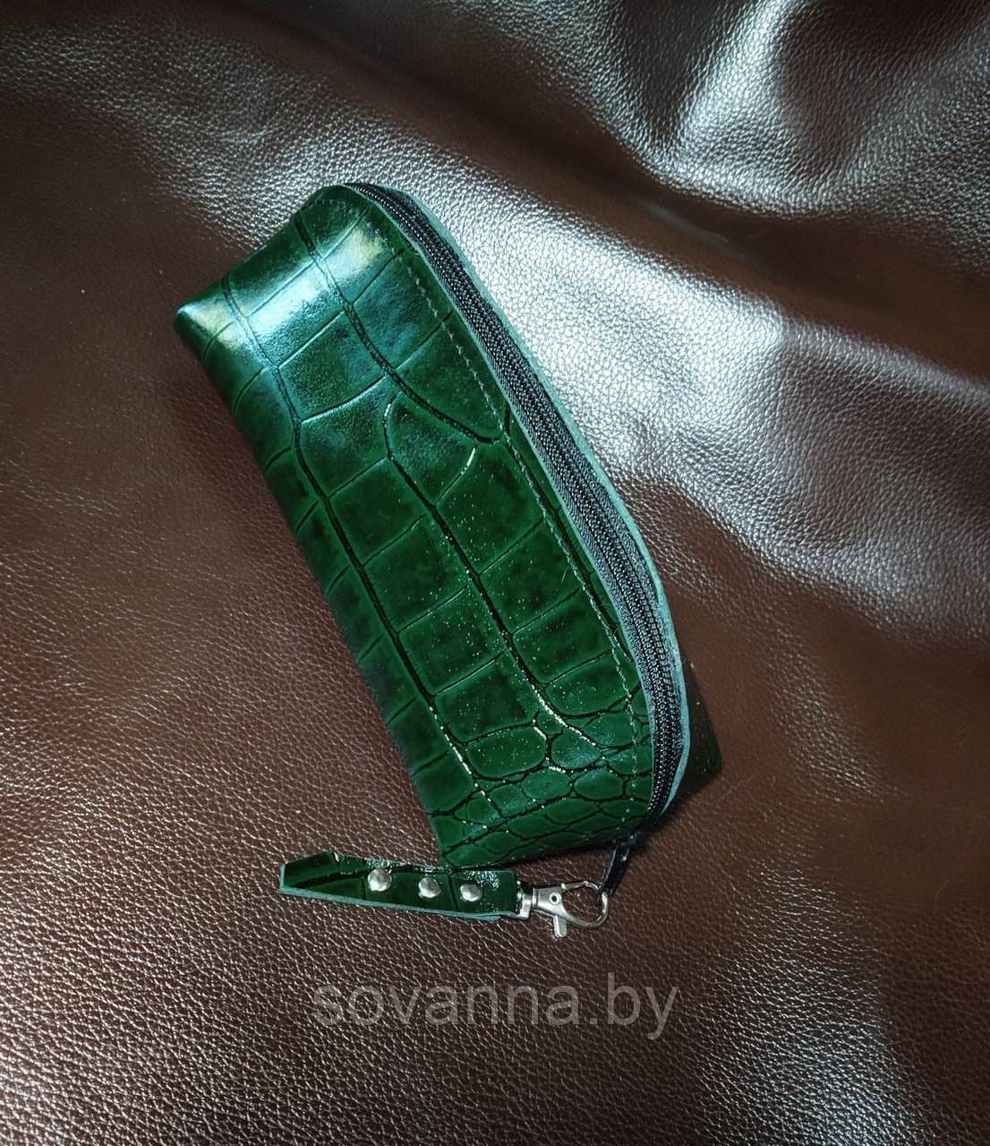 Пенал кожаный на молнии Sovanna тёмно-зелёный крок арт. Р0102 - фото 2 - id-p167108984