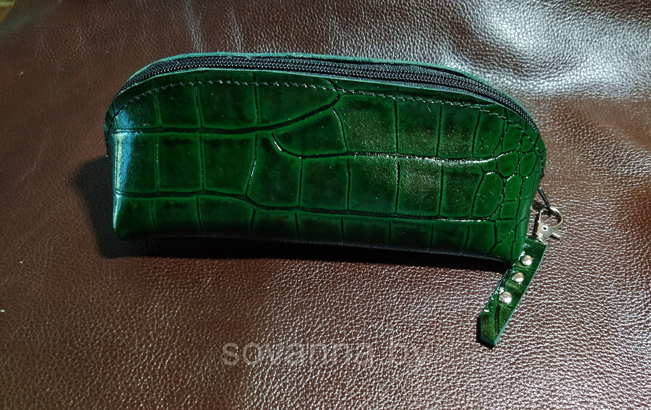 Пенал кожаный на молнии Sovanna тёмно-зелёный крок арт. Р0102 - фото 3 - id-p167108984