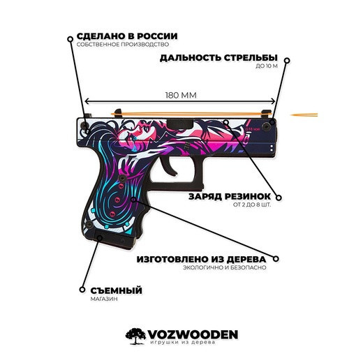 Пистолет VozWooden Active Glock-18 Нео-Нуар (деревянный резинкострел) 2002-0203 - фото 3 - id-p167114528