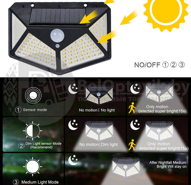 Фонарь с датчиком движения на солнечной батарее 100 LED Solar Interaction Wall Lamp - фото 3 - id-p167116244