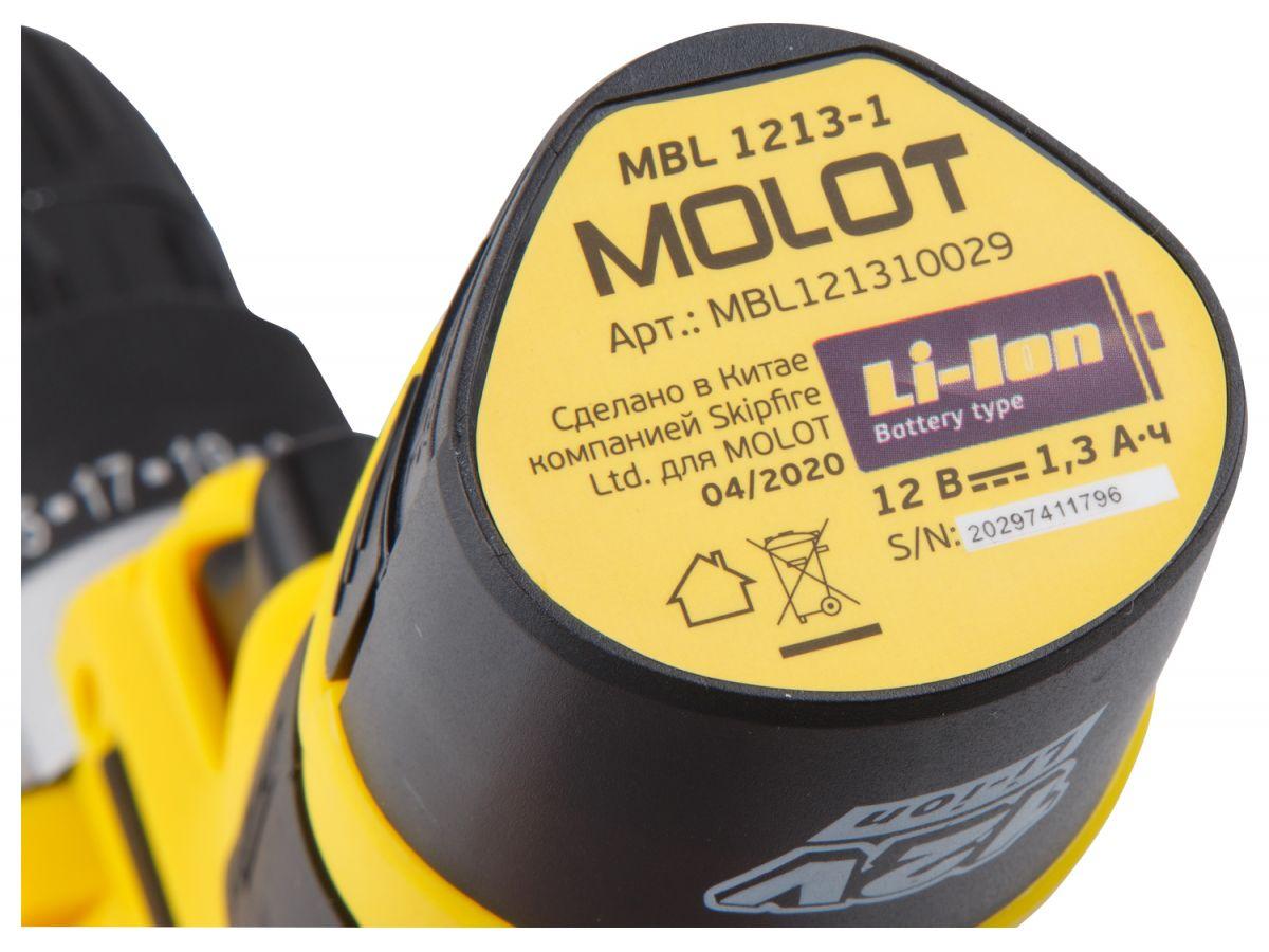 Аккум. дрель-шуруповерт MOLOT MBD 1213-1 Li (12.0 В, 1 акк., 1.3 А/ч Li-Ion, 1 скор., 20 Нм, шурупы до 6 мм) - фото 4 - id-p165651582