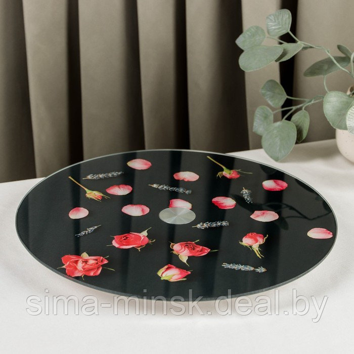 Подставка стеклянная для торта вращающаяся Magistro «Розы на чёрном», d=32 см, цвет чёрный - фото 1 - id-p167207467