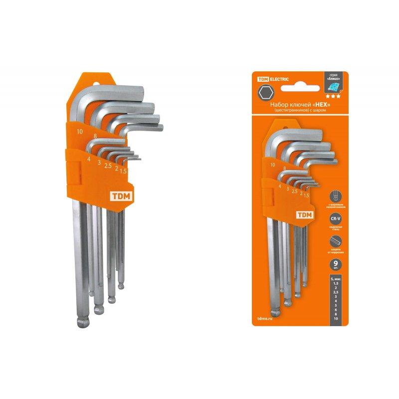 Набор ключей "HEX" 9 шт.: 1.5-10 мм, длинные с шаром, (держатель в блистере) CR-V сталь"Алмаз" TDМ - фото 1 - id-p166950106