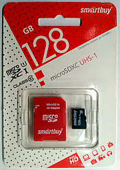 Карта памяти MicroSD 128Gb, SMARTBUY UHS-I (с адаптером), Class 10, (ск. 80Mb/s)