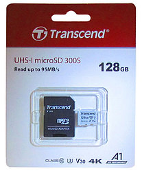 Карта памяти MicroSD 128Gb, TRANSCEND 300S UHS-I (с адаптером), Class 10